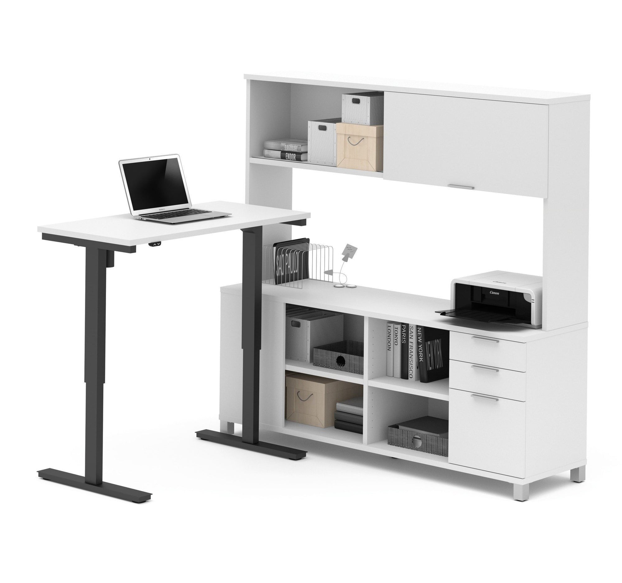 Bestar Pro-Linea L-Desk with Hutch & Electric Height Adjustable Table - Standing Desk Nation