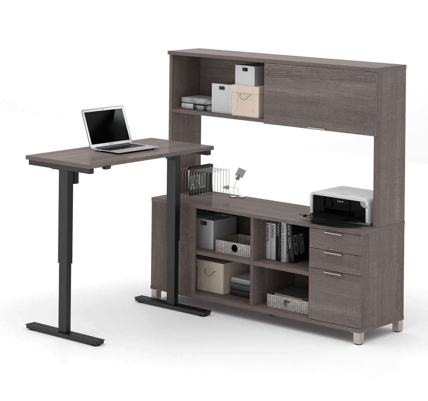 Bestar Pro-Linea L-Desk with Hutch & Electric Height Adjustable Table - Standing Desk Nation