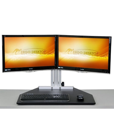 Ergo Desktop Wallaby Elite Standing Desk Converter Front View Dual Monitor Low