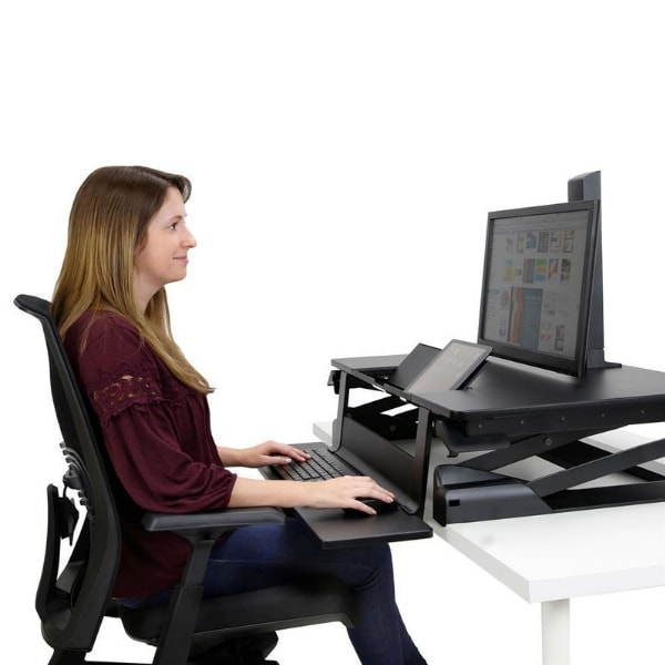Ergotron WorkFit TLE Sit Stand Desktop Workstation Top Side View Sitting
