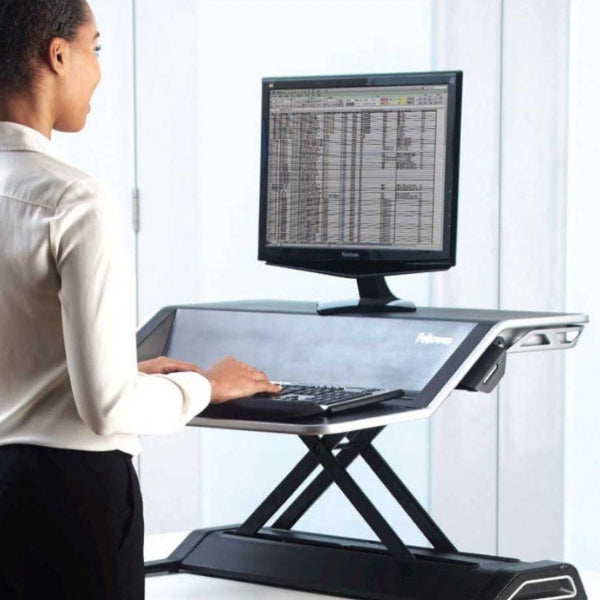 Fellowes Lotus Sit Stand Workstation 3D View Standing Facing Left