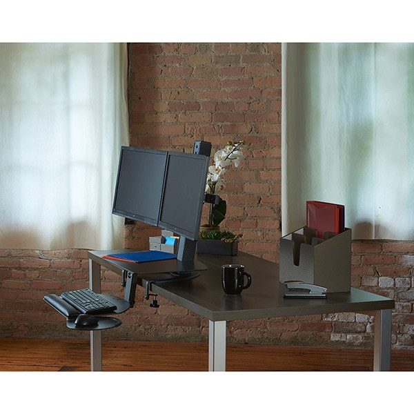 Health Postures Taskmate Go Dual 6351 Front Side View Lowered