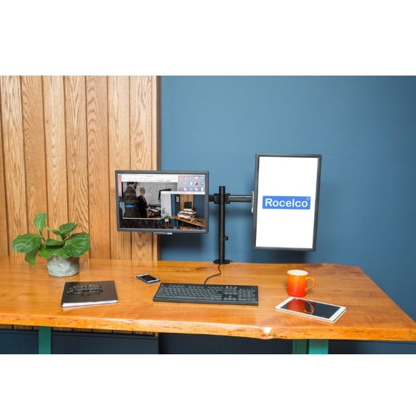 Rocelco DM2 Dual Monitor Arm Front View Landscape And Portrait