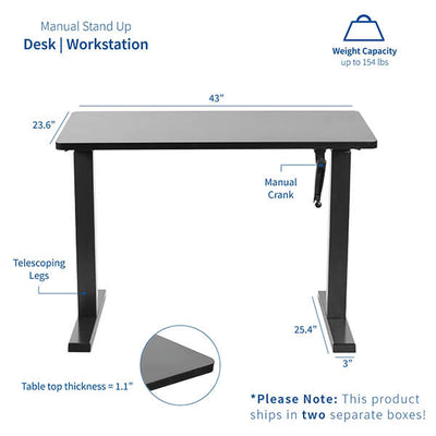 VIVO Manual Height Adjustable Desk Black Dimension