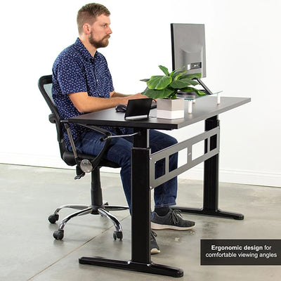 VIVO Black 55 Crank Height Adjustable Desk Side View Sitting