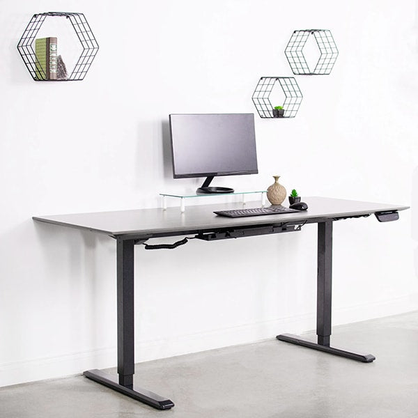 VIVO Single Motor Electric Desk Base Black Against Wall
