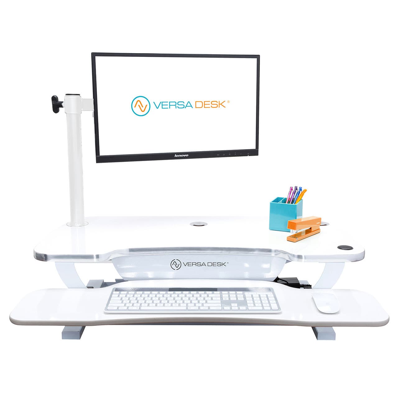 VersaDesk Universal Single LCD Spider Monitor Arm White Front View On Desk