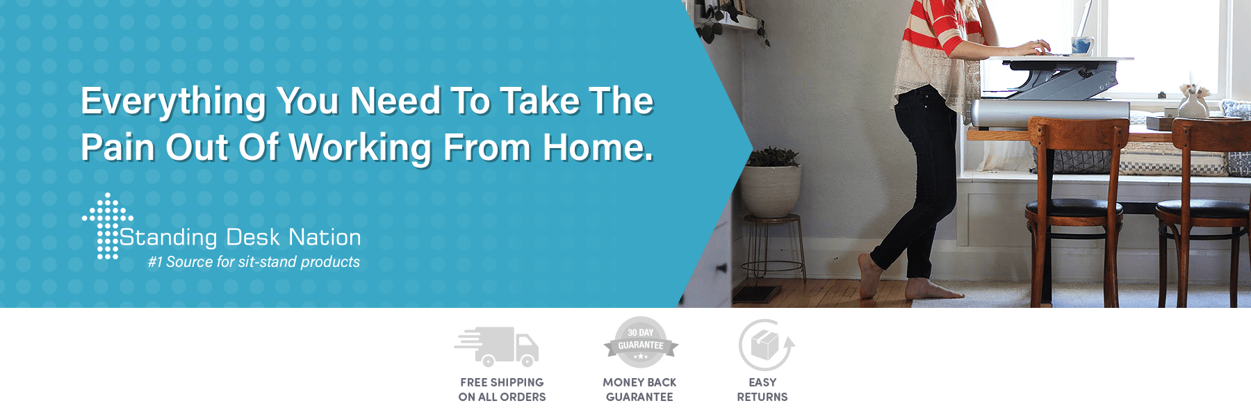 Standing Desk Nation home page banner with user standing at a dining room table