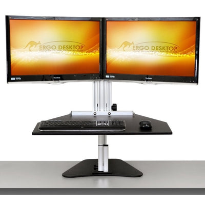 Ergo Desktop Wallaby Elite Standing Desk Converter Front View Dual Monitor High