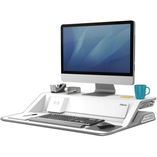 Fellowes Lotus DX Sit Stand Workstation 3D VIew Single Monitor Compressed White
