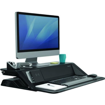 Fellowes Lotus DX Sit Stand Workstation 3D View Single Monitor Compressed Black