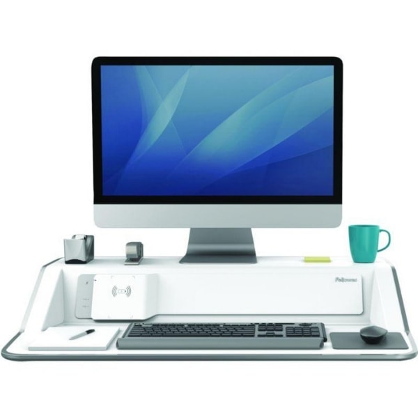 Fellowes Lotus DX Sit Stand Workstation Front View Single Monitor Compressed White