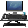 Fellowes Lotus DX Sit Stand Workstation Front View Single Monitor Raised Black