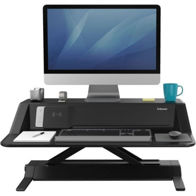 Fellowes Lotus DX Sit Stand Workstation Front View Single Monitor Raised Black