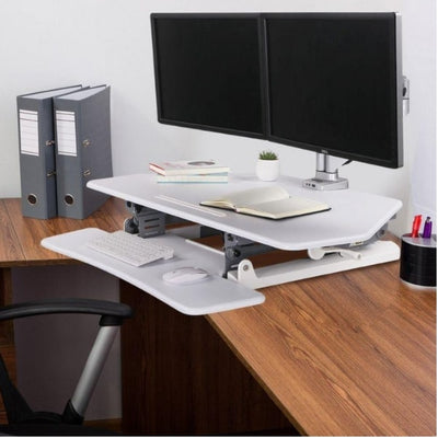 Flexispot M4 Corner Standing Desk Converter 3D View Dual Monitor