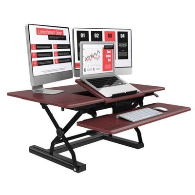 Loctek PL36 Standing Desk Converter 3D View Mahogany Dual Monitor