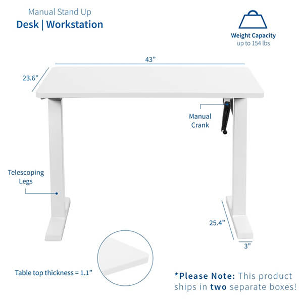 VIVO Manual Height Adjustable Desk White Dimension