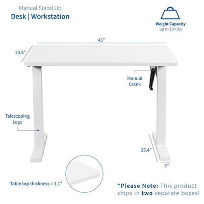 VIVO Manual Height Adjustable Desk White Dimension