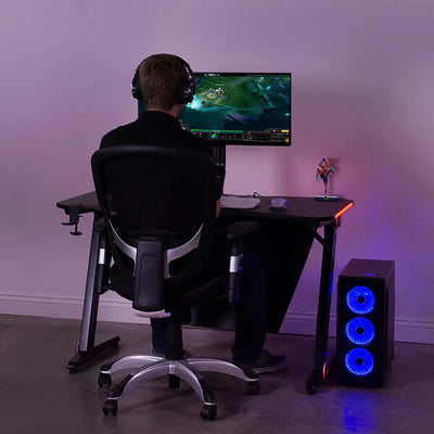 VIVO Z-Shaped 47” Gaming Desk with LED Lights DESK-GMZ1R Far Front View