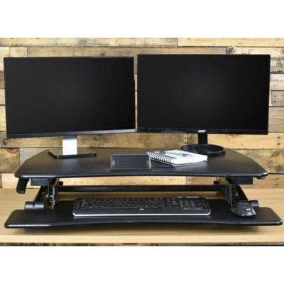 VIVO DESK-V000DB Deluxe Standing Desk Converter Front View Black Dual Screen