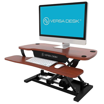 VersaDesk Power Pro 30 inch Electric Standing Desk Converter Cherry 3D View Single Monitor Facing Left